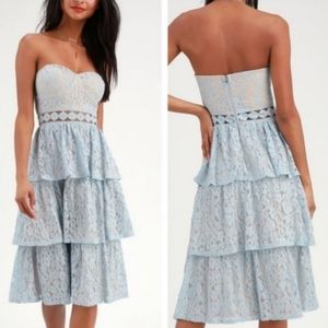 Adorn Light Blue Lace Strapless Midi Dress